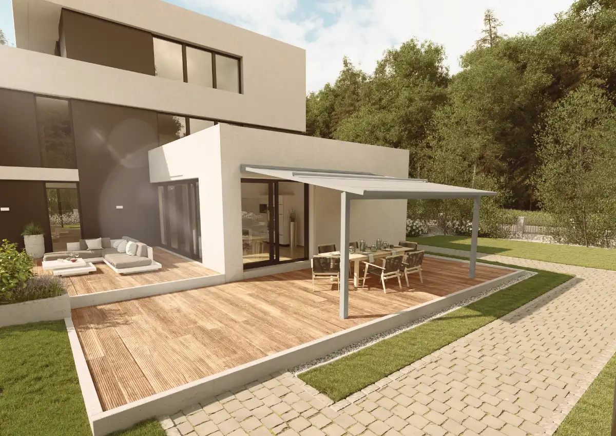 Moderne Terrasse mit Überdachung und stilvollen Gartenmöbeln